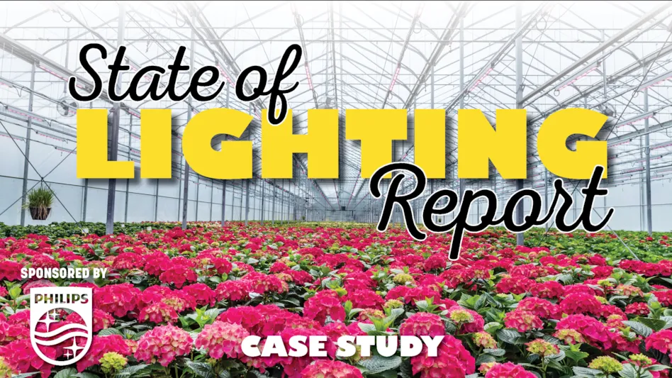 A graphic reads State of Lighting Report Sponsored by Philips Case Study. In the background is a photo of a greenhouse with hot pink flowers.