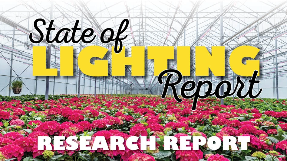 A graphic reads State of Lighting Report Research Report. A photo of a greenhouse with hot pink flowers is behind the text.