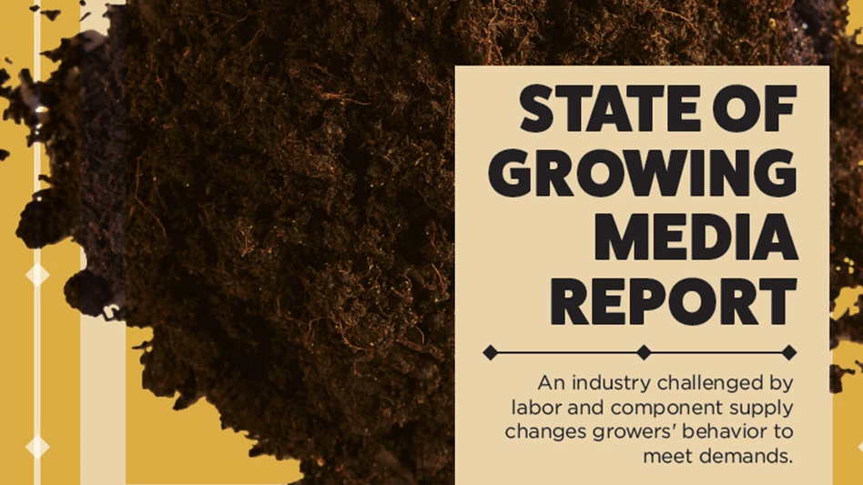 A graphic with a tan background and black letters reads State of Growing Media Report An industry challenged by labor and component supply changes growers' behavior to meet demands. There's a pile of soil in the background.