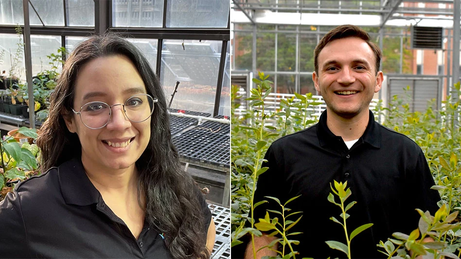 Two side by side photos: A young woman with long dark brown hair wearing a black polo shirt stands inside a greenhouse. A young man with short brown hair wearing a black polo shirt stands inside a greenhouse.