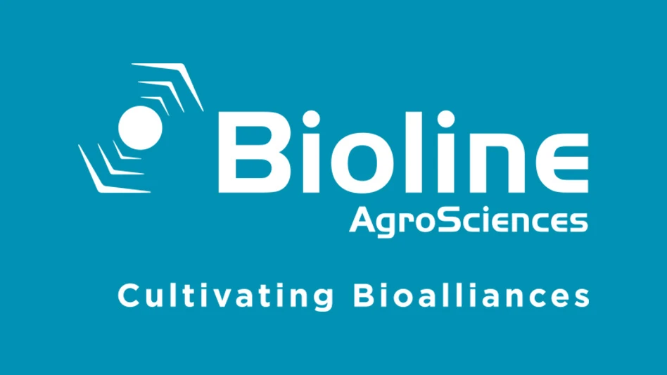 A graphic with white text on a teal background reads Bioline AgroSciences Cultivating Bioalliances.